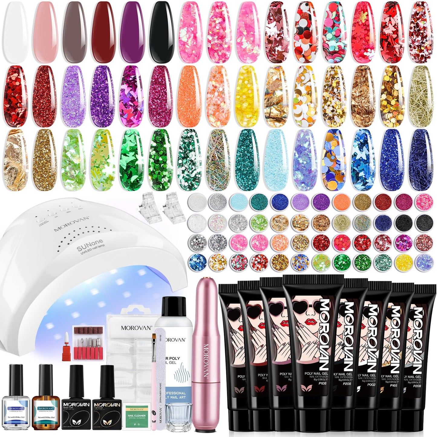 Morovan Poly Gel Nail Kit: 8 Colors Poly Nail Gel Kit With Drill and 48W LED Nail Lamp Poly Gel Nail Starter Kit For Beginners with Everything Professional Extension Gel Kit
