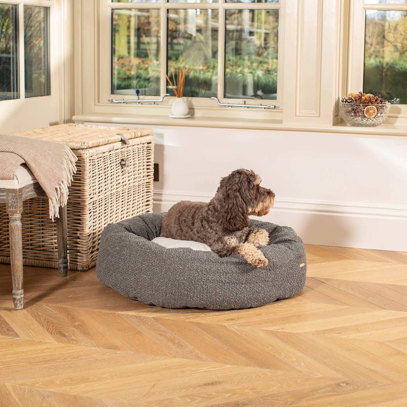 Discover Our Handmade Luxury Donut Dog Bed, In Granite Bouclé, The Perfect Choice For Puppies Available Now at Lords & Labradors