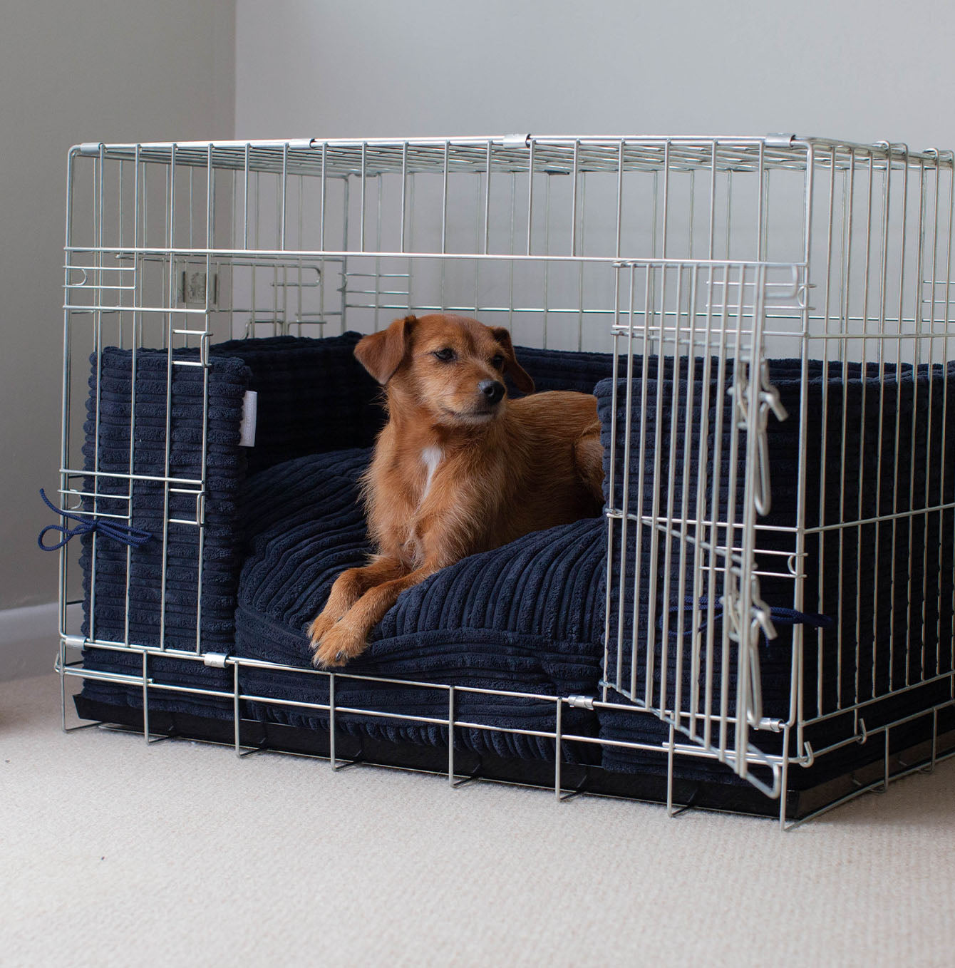 Discover our Luxury Full Dog Crate Bumper, in Navy Essentials Plush. The Perfect Dog Crate Accessory, Now Available at Lords & Labradors