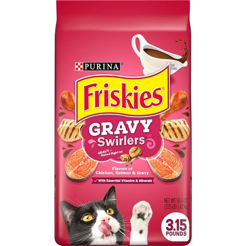 Purina Friskies Gravy Swirlers With Flavors of Chicken, Salmon &#38; Gravy Adult Complete Balanced Dry Cat Food - 3.15lbs