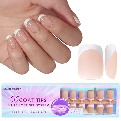 BTArtboxnails Soft Gel Nail Tips - Extra Short Square French Tip Press on Nails XCOATTIPS French Acrylic Nail Tips Kit Fake Nails Glue on Nails Extension Tips for Professional Use