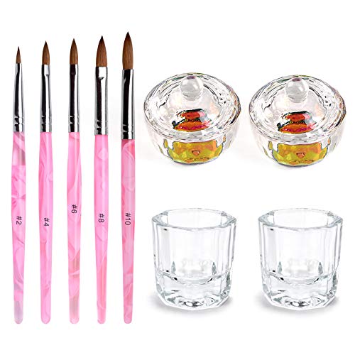 KADS 5 Pcs Kolinsky Sable Acrylic Nail Brush Set with 4 Glass Dppen Dish with Lid for Acrylic Liquid Acrylic Nail Kit Nail Paiting Brush 2# 4# 6# 8# 10#
