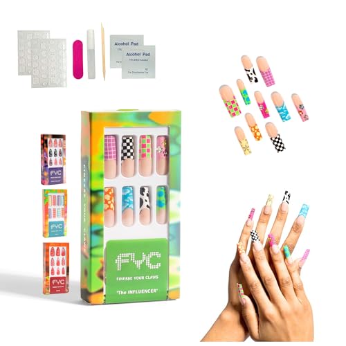 FYC 5 in 1 Long Press on Nails Set, 24 PCS Fake Nails, 12 Sizes Reusable French Tip False Nails | Super Strong Stick on Nails with Glue, 2 Pads, Mini File, Cuticle Stick, Jelly Glue Stickers (Multi)
