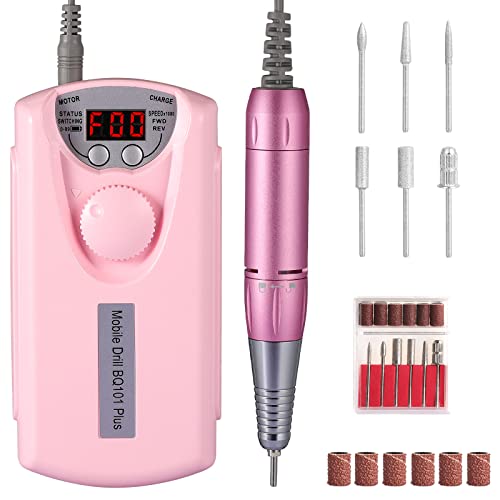 Rechargeable 30000 RPM Nail Drill, Portable Electric Nail Drill Professional Efile Nail Drill Kit for Acrylic, for Salon Use or Home DIY with 6 Pcs Nail Drill Bits (Pink)
