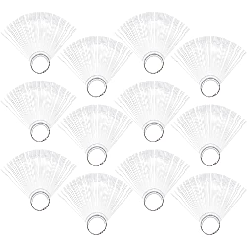 Hedume 12 Set Total 600 Tips Clear Nail Swatches Sticks with Metal Screw Split Ring Holder, Transparent Fan-shaped Nail Art Tips, Nail Art Supplies for Nail Art Polish Display and Home DIY