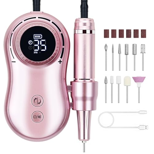 Professional Nail Drill 35000 RPM Rechargeable Electric Nail Drill Machine Portable Acrylic Nail Drill with 11 Pcs Nail Drill Bits for Acrylic Nails, Gel Nails, Manicure Pedicure Polishing