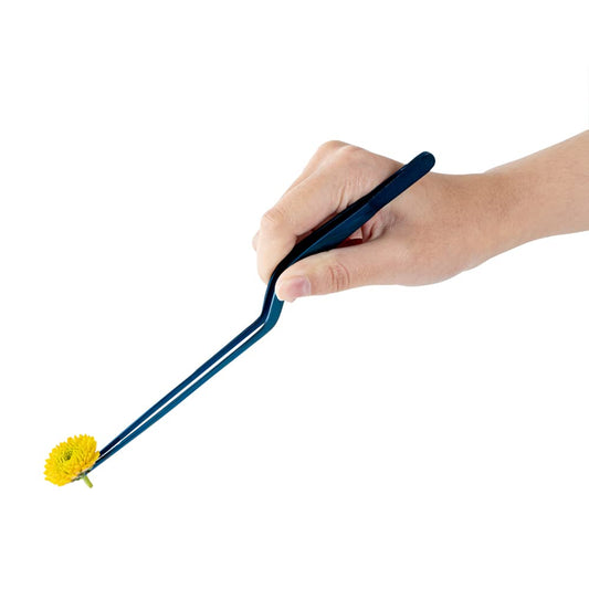 Restaurantware Perfect Point 7.9 Inch Food Tweezer, 1 Offset Kitchen Tweezer - Serrated Tips For Precision, For Garnishing, Plating, or Decorating, Blue Stainless Steel Offset Tweezer, Durable