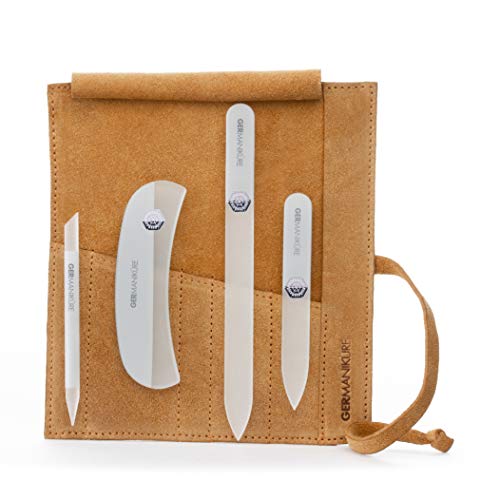 GERMANIKURE Crystal Glass Nail File Set in Yellow Suede Case – Handmade in Czech Republic – Professional Manicure & Pedicure Supplies – Glass Cuticle Stick, Pusher, Moon File