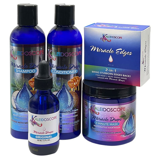 Kaleidoscope - Miracle Drops Collection Ð Coconut Milk, Honey & Aloe Vera, Rice Water Moisturizing Blend Ð Shampoo, Conditioner, 3 Minute Mask, Miracle Edges, Original Miracle Drops Ð Hair Care Styling Bundle 5 Pcs Set