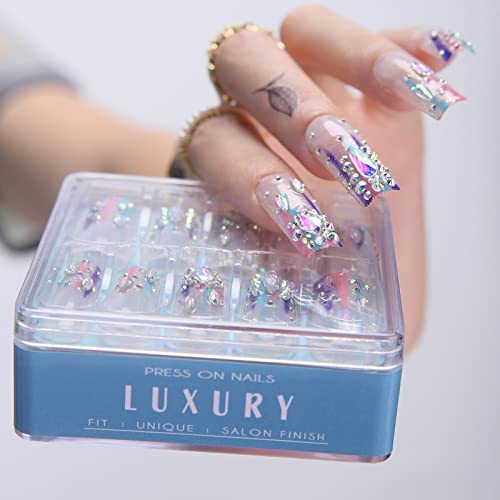 MqpQ Long Square Press On Nails With Rhinestones Luxury Rainbow Extra Fake Nails 24pcs Glossy Full Cover False Nails For Women And Girls