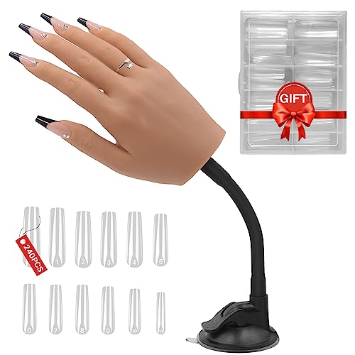 Fromeet Silicone Practice Hand for Acrylic Nails, Realistic Brown Nail Hand Practice with Bracket, Flexible Reusable Mannequin Hand for Nail Display, Acrylic Nail Training Hand for Manicure Beginners