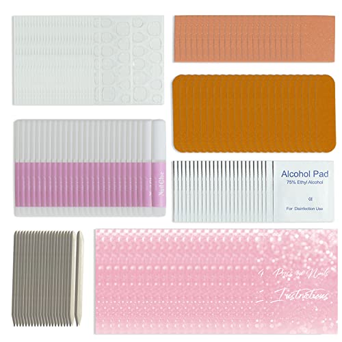 LIGHT RAIN Press on Nail Tool Kit for Salon 50 pcs - 2g Nail Glue, Adhesive Tabs, Mini Nail Buffer, Mini Nail File, Orangewood Sticks, Prep Pad, Detailed Instructions Card, OPP bag, Sticker
