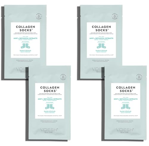 VOESH Collagen Socks, Collagen Socks for Dry Feet, 4 Pack, Peppermint Oil, Cracked Heel Repair, Moisturizing Socks, Spa Pedicure Treatment, Spa Socks, Foot Peel Masks, Vegan