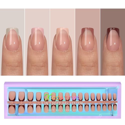 btartboxnails X-Coat Tips French Nails - Skin Tones French Tip Press on Nails, 160Pcs 16 Sizes Short Square Nail Tips, 3 In 1 Soft Gel Nails False Nail, Soak Off Acrylic Fake Nails Extensions