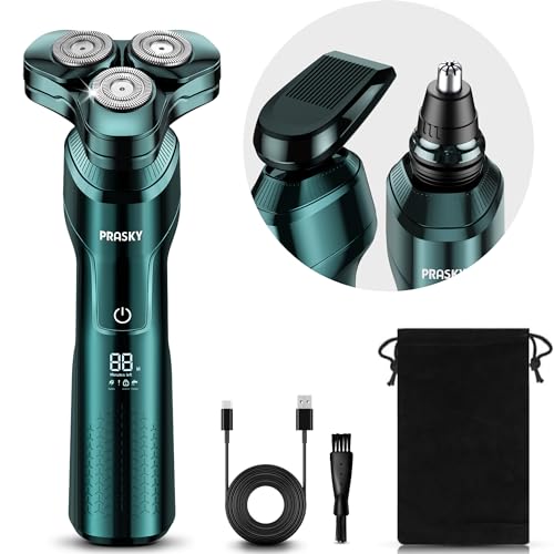 PRASKY Electric Razor for Men, 3-in-1 Face Shaver, Rotary LED Display, Rechargeable, Floating Head, Replaceable Blades, Portable Travel Beard Trimmer, Hair Clippers Kit, Ideal Gift