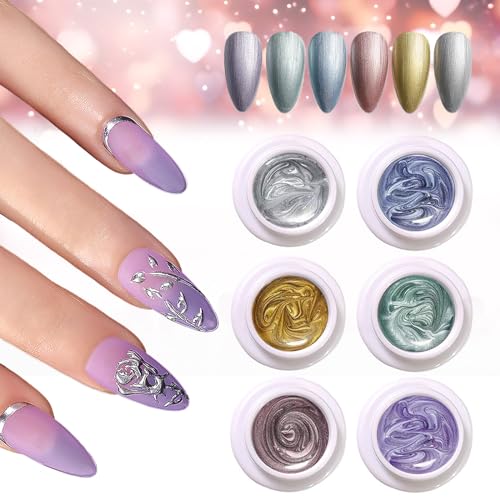 Gorvalin Metallic Painted UV Gel Nail Polish, 3D Gold Silver Purple Nail Art Painting Liner Gel for Acrylic Nail Drawing Nail Design Gel (6 Boxes without brushes)