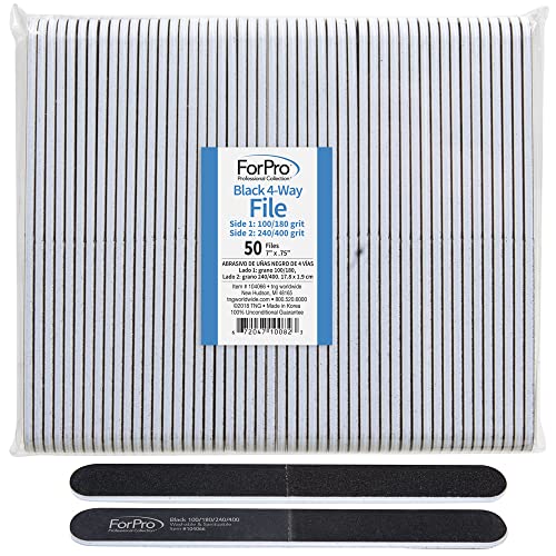 ForPro Black 4-Way Nail File, 100/180/240/400 Grit, Four-Sided Manicure and Pedicure Nail File and Buffer, 7” L x .75” W, 50-Count