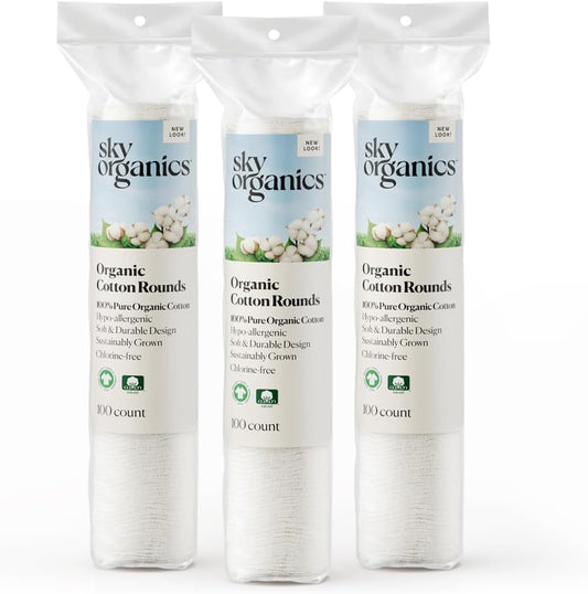 Sky Organics Organic Cotton Rounds for Sensitive Skin, 100% Pure GOTS Certified Organic for Beauty & Personal Care, 300 ct.