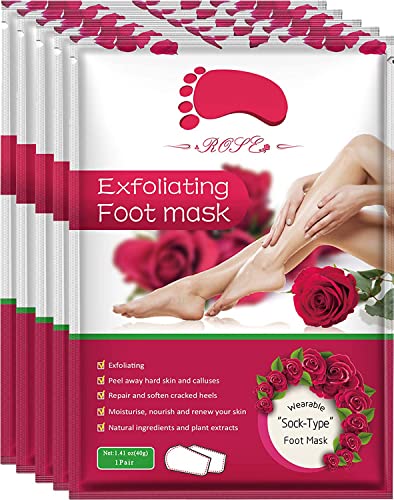 Foot Peel Mask 5 Pack,Rose Exfoliating Foot Masks, Soft Smooth Touch Natural Exfoliator for Dry Dead Skin, Callus, Repair Rough Heels,Gifts for Women Mom and Men