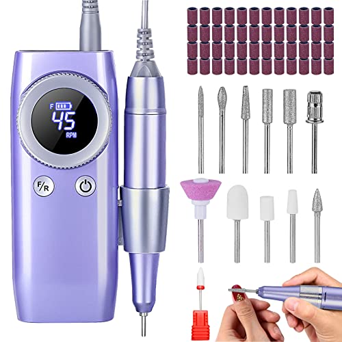 Professional 45000 RPM Nail Drill , Rechargeable Electric Nail File Machine E File for Acrylic Nails Gel Polishing Removing, Portable Cordless Efile with Bits Kit for Manicure Salon Home Purple