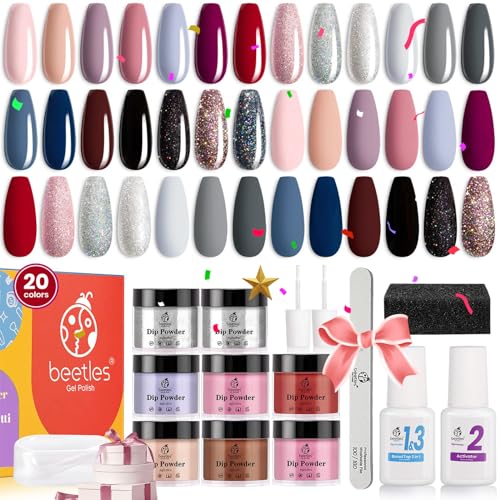 Beetles 27Pcs Dip Powder Nail Kit Starter, 20 Colors Modern Muse Collection Dipping Powder Set Nude Pink Blue Glitter for Nail Art Manicure with Base Top Coat Activator Brush Saver Gift Box