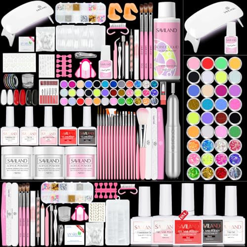 Saviland Acrylic Nail Kit with Drill – Nail Kit Acrylic Set for Nails Extension with Acrylic Powder And Liquid Set Acrylic Nail Brush Practice Finger Portable U V Light for Nails Kit Set for Home DIY
