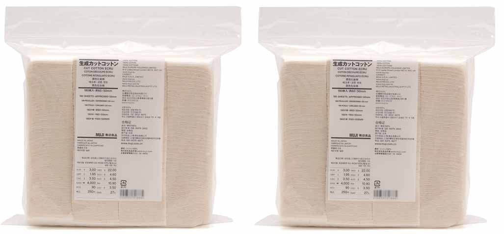 MUJI Makeup Facial Soft Cut Cotton Unbleached 60x50 mm 180pcs___2 Packs (Total 360 Sheets) Value Set