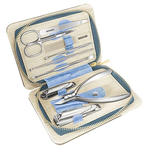 Manicure Set Professional 9 in 1 Nail Clippers Set, Stainless Steel Manicure kit with PU Leather Case, RedFlow Fingernail & Toenail Clippers Nail Kit, Grooming kit for Men(Blue)