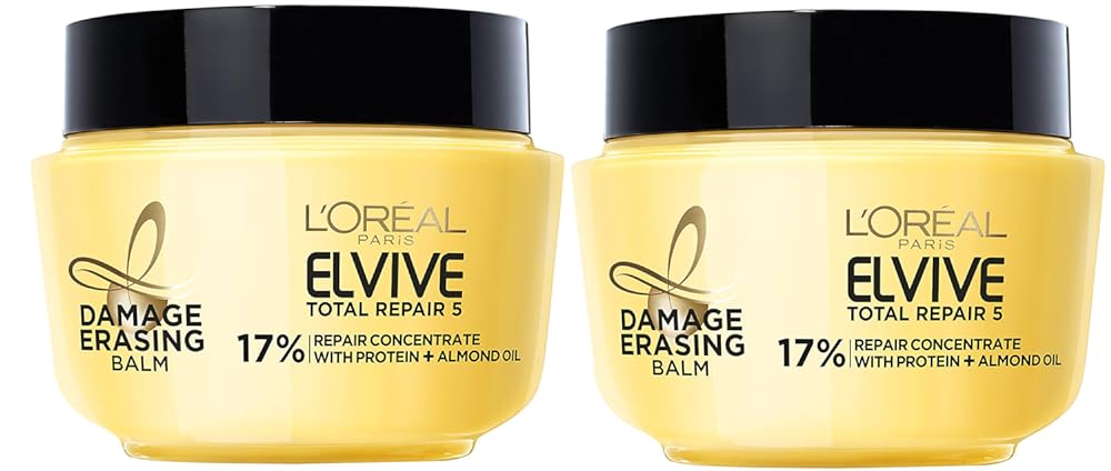 L'Oreal Paris Hair Care Elvive Total Repair 5 Damage Erasing Balm, Conditioning Hair Mask for Damaged Hair, with Almond & Protein, 8.5 fl. oz, (Pack of 2)