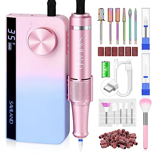 Saviland Portable Electric Nail Drill - 35000 RPM Electric Nail File for Acrylic Nails Professional with Ceramic Corn Head Nail Drill Bits for Nails Manicure Tools and Pedicure Kit Salon Use