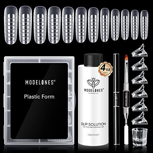 Modelones Slip Solution for Poly Nail Gel, Anti-Stick Gel Nail Extension All in One Kit with Nail Forms Nail Tips Clips Nail Art Tool DIY at Home