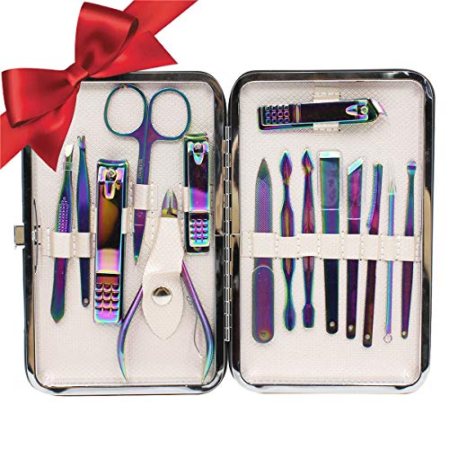 Professional Stainless Steel Chameleon Nail Clipper Travel & Grooming Kit Nail Tools Manicure & Pedicure Set of 15pcs with Luxurious Case(Purple)