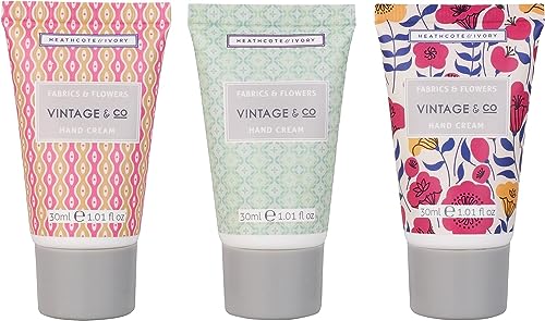 Vintage & Co Fabric & Flowers Hand Cream Trio | Enriched With Shea Butter | Cruelty Free & Vegan Friendly | Travel Friendly Sizes | 3 x 30ml