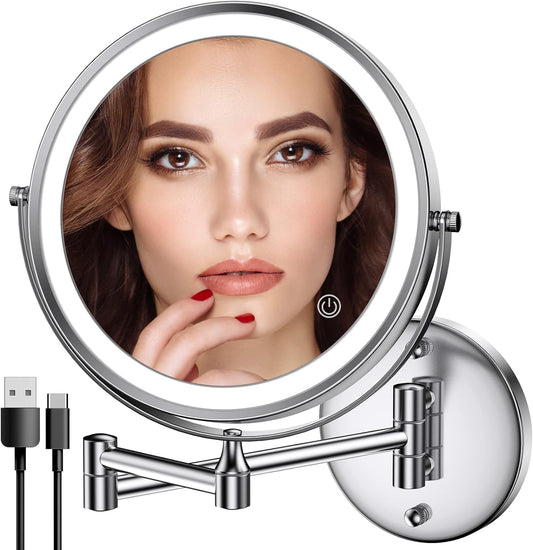 Rocollos Rechargeable Wall Mounted Lighted Makeup Mirror Chrome, 8 Inch Double-Sided LED Vanity Mirror 1X/10X Magnification,3 Color Lights Touch Screen Dimmable 360¡Swivel 13 Inch Extendable