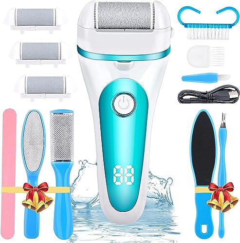 Electric Callus Remover for Feet, Rechargeable Pedicure Tools Foot Care Feet File, 12 in 1 Callous Remover Kit for Remove Cracked Heels and Dead Skin, with 3 Roller Heads 2 Speed, Battery Display