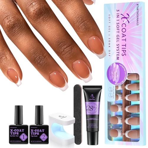 BTArtboxnails French Gel Nail Kit - French Tip Press on Nails Brown Short Coffin XCOATTIPS Pre-applied Tip Primer & Base Coat Fake Nails for Nail Art DIY