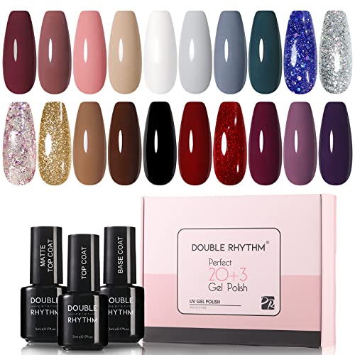 Double Rhythm Gel Nail Polish Set -20 Colors Gel Polish Kit with 1 Base Coat and Glossy & Matte Top Coat Fall Nude Pink Blue Brown Glitter Burgundy Red Black White (Pack13-Tralee Rose)