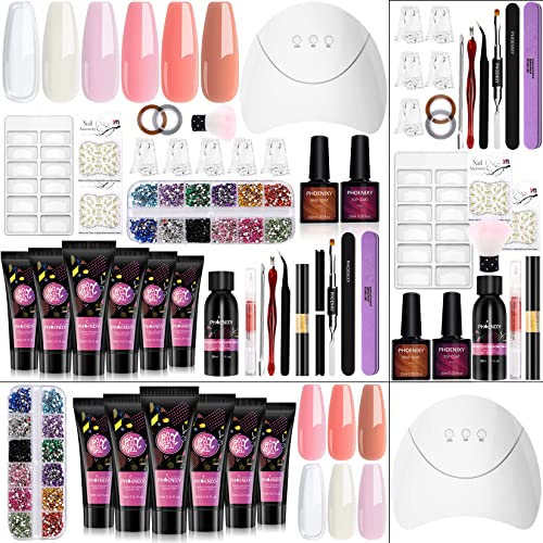 Phoenixy Poly Nail Gel Kit, 6 Colors Poly Nail Extension Gel with 36W U V/LED Nail Lamp Builder Set 1 Golden Nail Powder Pen Manicure Beginner Gift Kit