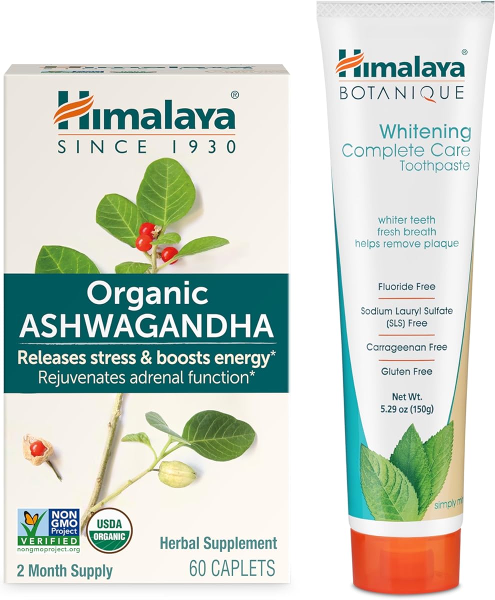 Himalaya Organic Ashwagandha, 60ct for Stress Relief, Energy Support & Occasional Sleeplessness Plus Himalaya Whitening Complete Care Toothpaste, Fluoride Free, Mint Flavor Ð 2-Product Bundle