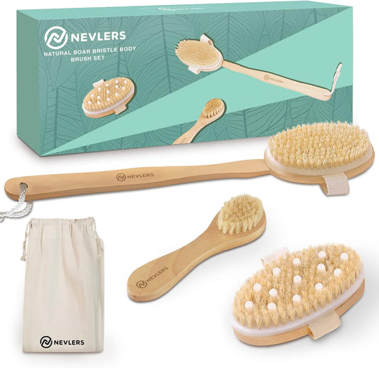 Nevlers Natural Boar Body Brush Set with Detachable Cellulite Brush, Long Wooden Handle for Dry Brushing and Face Brush | Perfect Kit to Exfoliate and Alleviate