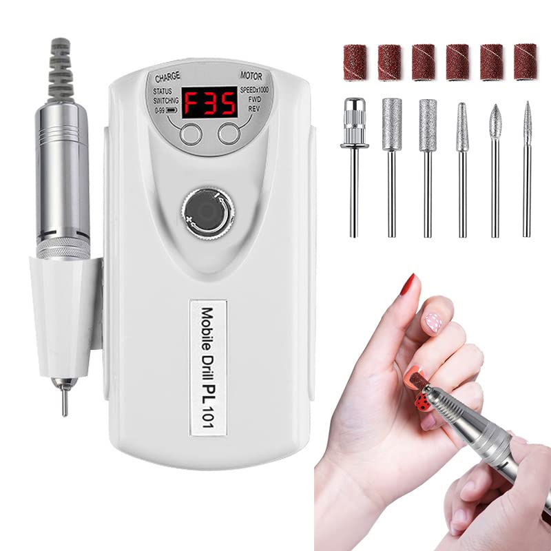 Electric Nail Drill Machine,Professional Rechargeable 35000 rpm Nail Drill, Portable Acrylic Gel Grinder Tools with 6 Bits and Sanding Bands,Manicure Pedicure Polishing Shape Tools White