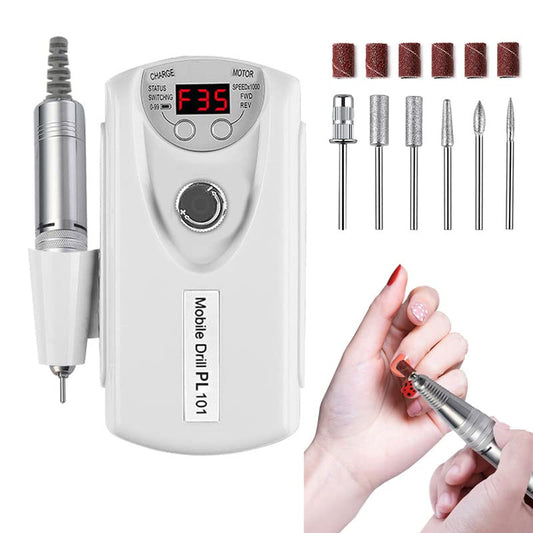 Electric Nail Drill Machine,Professional Rechargeable 35000 rpm Nail Drill, Portable Acrylic Gel Grinder Tools with 6 Bits and Sanding Bands,Manicure Pedicure Polishing Shape Tools White