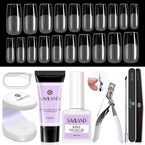 Saviland Solid Gel x Nail Kit: 30ml Nail Glue Gel with Soft Gel Nail Tips LED U V Lamp Gel x Glue Long Lasting Glue Gel for Press on Nail Salon Quick Nail Extension Stater Kit Home Salon