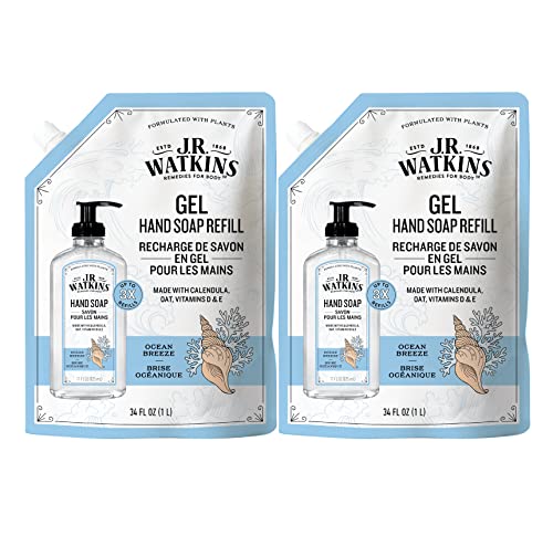 J.R. Watkins Gel Hand Soap Refill Pouch, Scented Liquid Hand Wash for Bathroom or Kitchen, USA Made and Cruelty Free, 34 fl oz, Ocean Breeze, 2 Pack