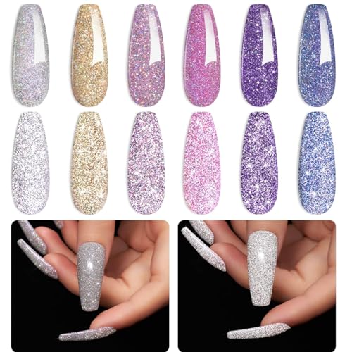 Beetles Reflective Glitter Gel Nail Polish, 6 Colors Holographic Gel Polish Kit Sparkle Glitter Pink Gel Flash Dimond Sliver Gold Soak Off UV LED White Manicure Kit Valentine's Gift