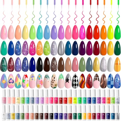 beetles Gel Polish Liner Nail Art Set, 50 Colors Reflective Glitter Pink Red Blue Green Silver Gel Polish Soak Off UV Built Thin Brush in Bottle Nail Design Polish Gift for Girls