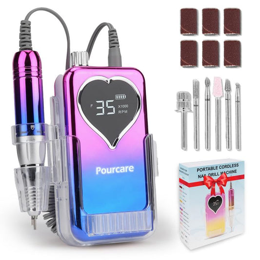 Pourcare Electric Nail Drill 35000 RPM,Professional Electric Nail File Efile Machine Set,Rechargeable Acrylic Nail Tool Manicure Pedicure for Home Salon(Sunset Blue)