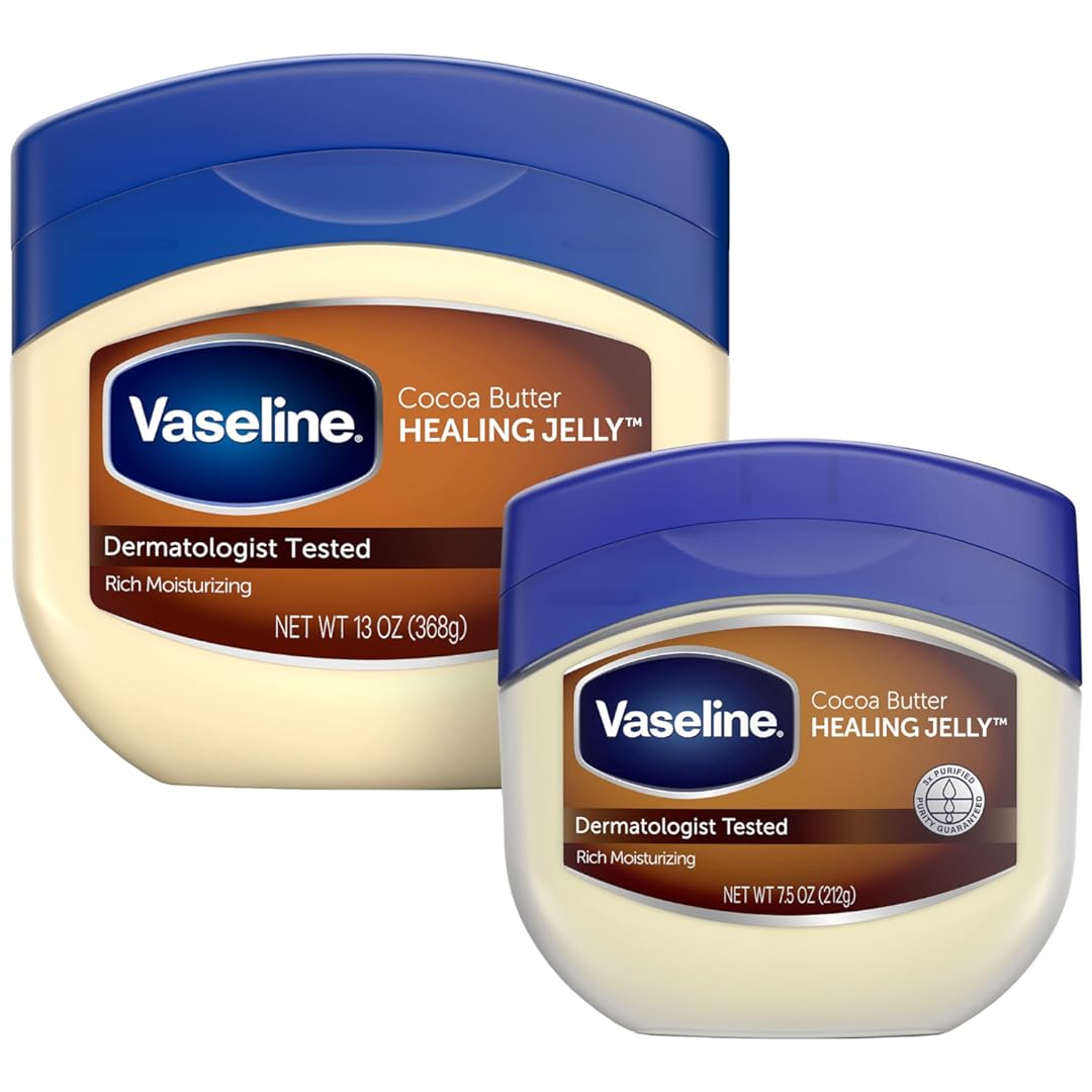 Vaseline Rich Moisturizing Cocoa Butter Healing Jelly, Dermatologist Tested, Nourishing Cocoa Butter, Moisturizes and Relieves Dull, Dry Skin, Soothing & Gentle, 13 oz and 7.5 oz, Pack of 2 with box