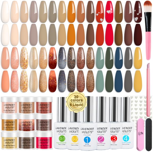 Lavender Violets 94 Pcs Dip Powder Nail Kit Starter, 30 Colors Acrylic Dipping Nails Powder with Dip Nail Liquid Set and Nail Art Tool, Nude Brown Green Blue Fall Winter Dips Manicure B704