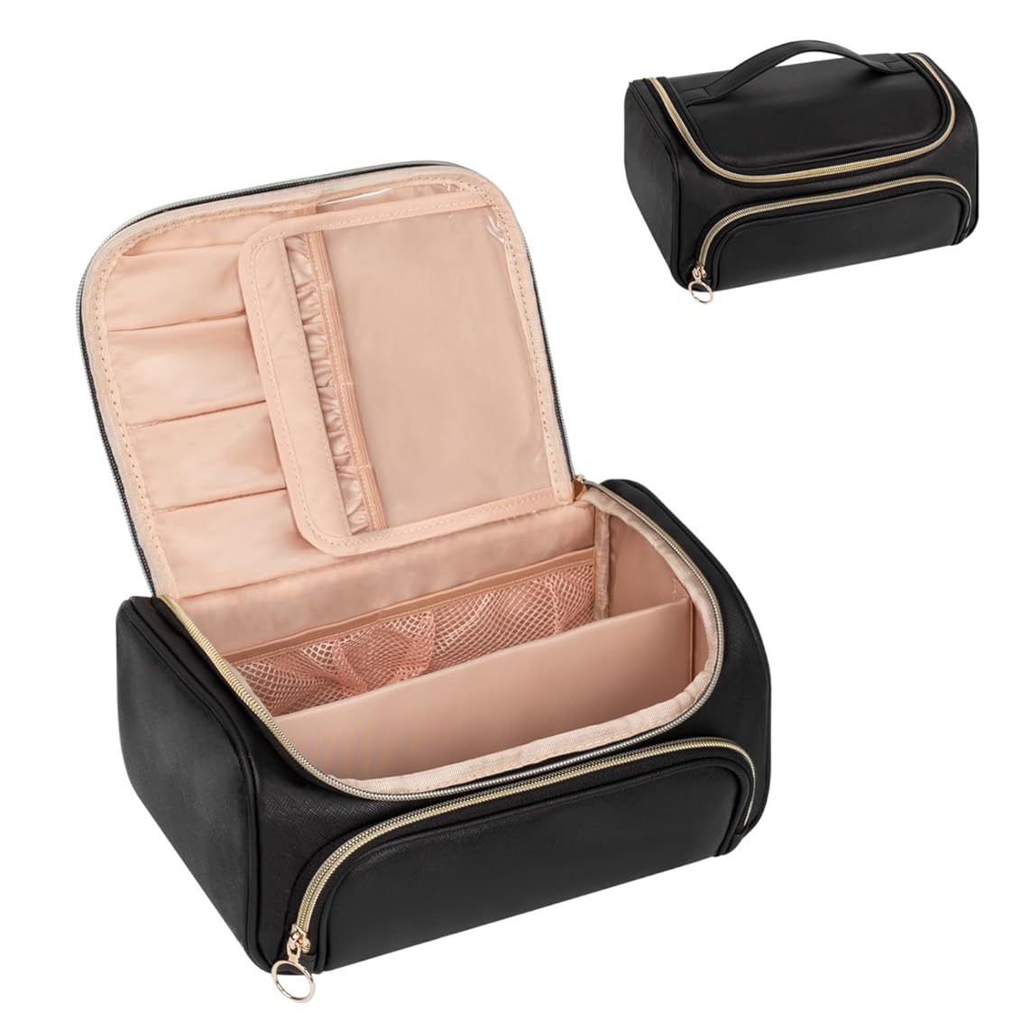 CUBETASTIC Make Up Bag, Large Capacity Travel Makeup Bag Organizer with Makeup Brush Compartment, Portable Cosmetic Case with Handle and Divider, Traveling Skincare Bag for Women, Black Vegan Leather